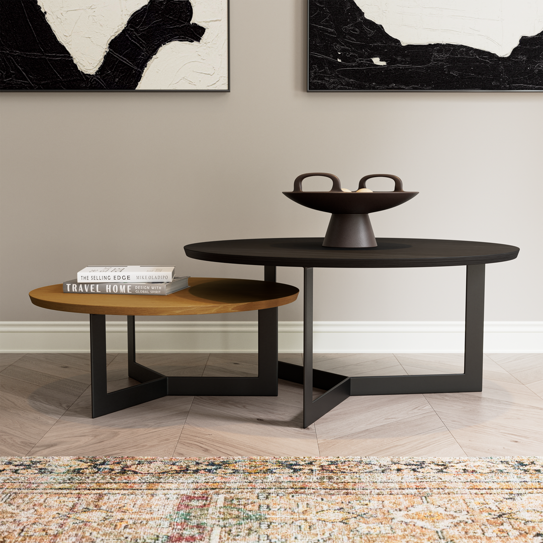 Coffee Table Set Toba Satin Black and Walnut Oak