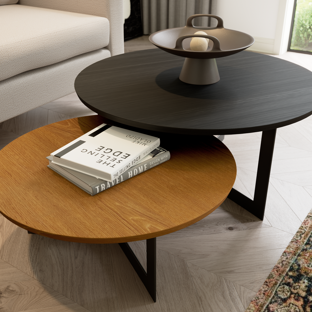 Coffee Table Set Toba Satin Black and Walnut Oak