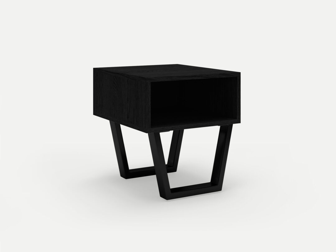 Oak bedside pedestal motto intense black with black steel legs with open drawer, locally made in Johannesburg South Africa