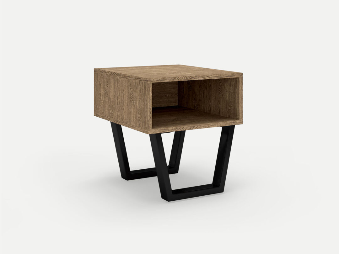 Oak bedside pedestal motto walnut with black steel legs with open drawer, locally made in Johannesburg South Africa