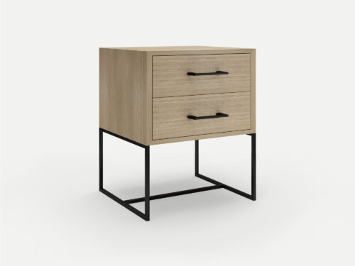 Oak clear finish bedside pedestal with steel black legs and handles, locally made in Johannesburg South Africa