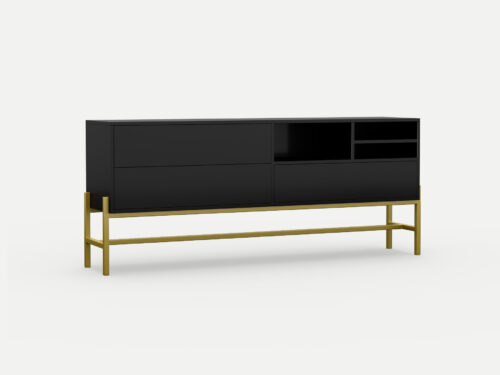 Metal Framed Server Envelo Midnight Black with Gold Base, with three pull out drawers and some open space, locally made in Johannesburg South Africa
