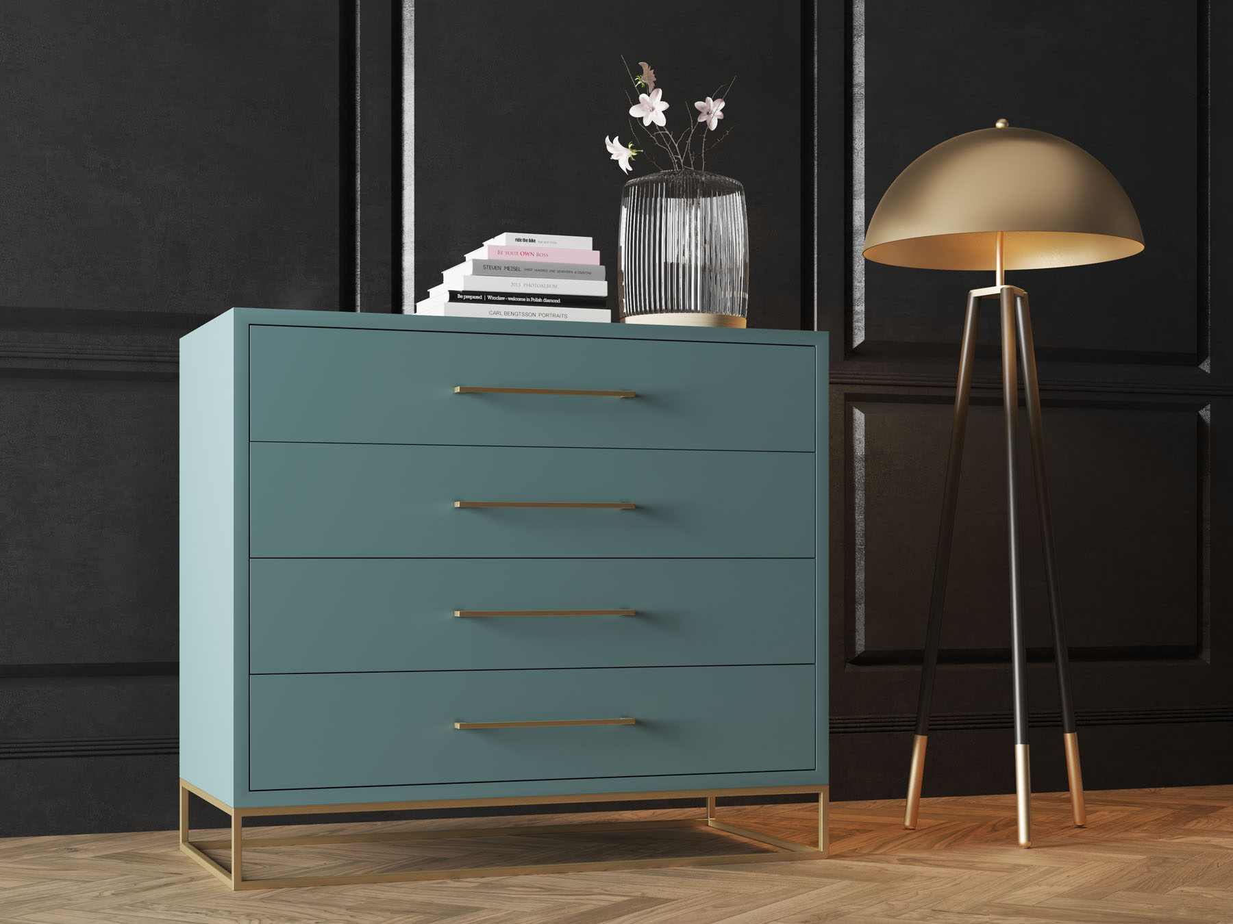 4 drawer server lilo satin turquoise with steel gold legs and handles, locally made in Johannesburg South Africa
