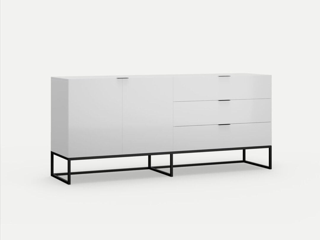 Oscuro server satin white finish, with three pull out drawers and two doors, with black steel legs locally made in Johannesburg South Africa