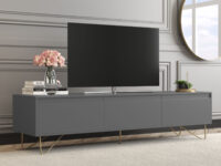 Satin dark grey 3 drawer TV stand with steel gold legs, locally made in Johannesburg South Africa