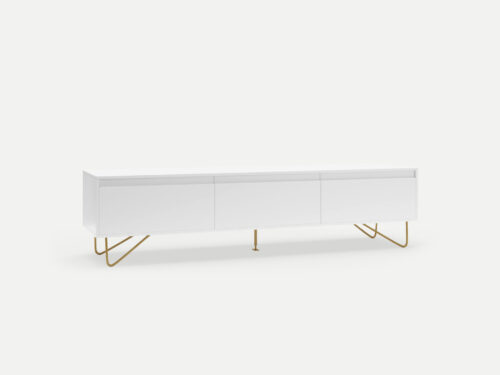 Satin white 3 drawer TV stand with steel gold legs, locally made in Johannesburg South Africa