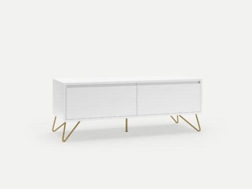 Satin white 2 drawer TV stand with steel gold legs, locally made in Johannesburg South Africa