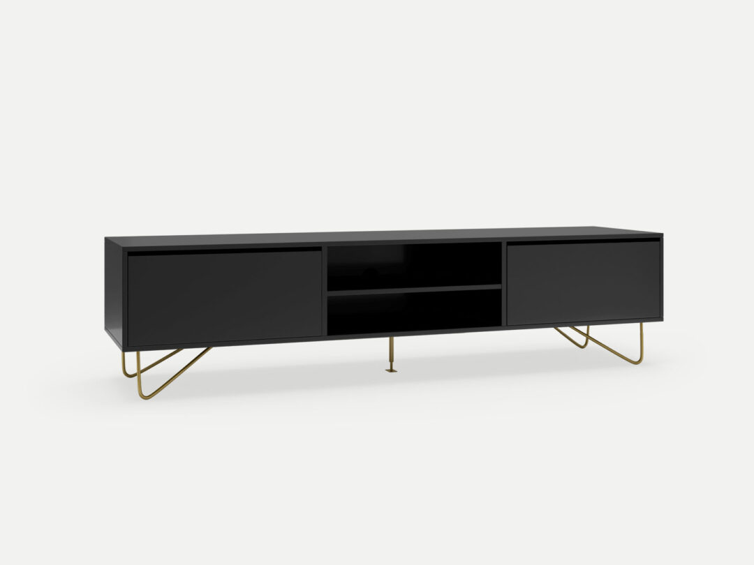 Satin black 2 drawer TV stand with steel gold legs, locally made in Johannesburg South Africa
