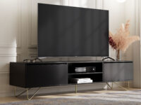 Satin black 2 drawer TV stand with steel gold legs, locally made in Johannesburg South Africa